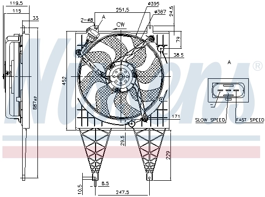 Ventilador elétrico de aparelho de ar condicionado montado (motor + roda de aletas) Nissens 85797