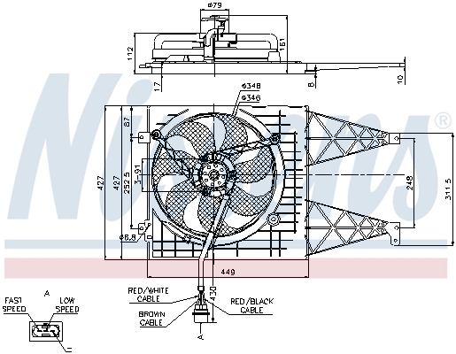 Difusor do radiador de esfriamento, montado com motor e roda de aletas Nissens 85249