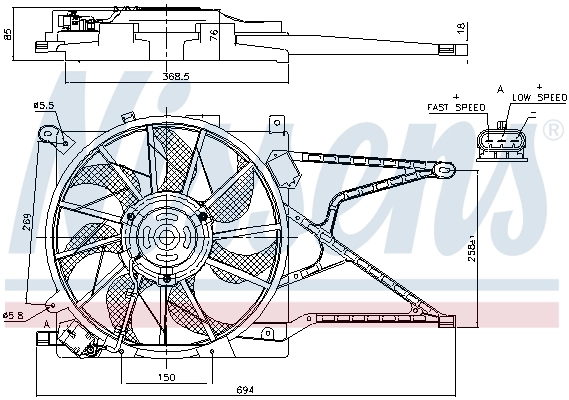 Difusor do radiador de esfriamento, montado com motor e roda de aletas Nissens 85188