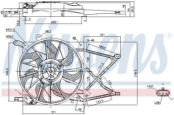 Difusor do radiador de esfriamento, montado com motor e roda de aletas Nissens 85154
