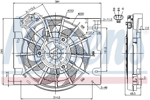 Difusor do radiador de esfriamento, montado com motor e roda de aletas Nissens 85186