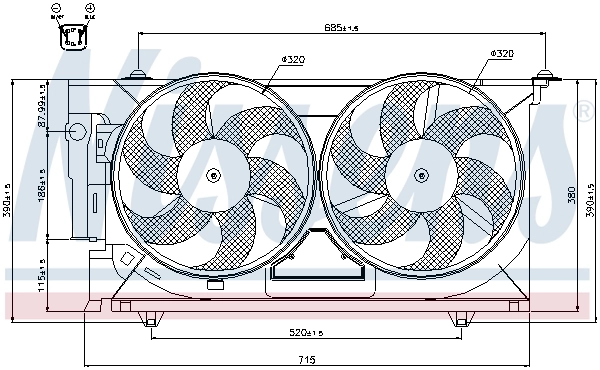 Difusor do radiador de esfriamento, montado com motor e roda de aletas Nissens 85321