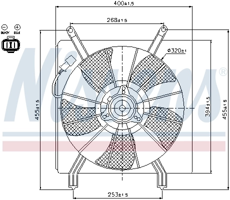 Difusor do radiador de esfriamento, montado com motor e roda de aletas Nissens 85048