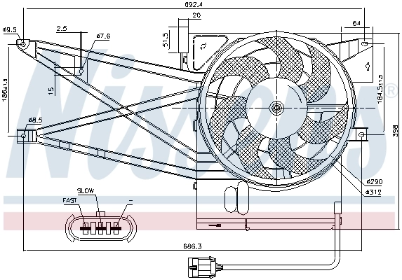 Difusor do radiador de esfriamento, montado com motor e roda de aletas Nissens 85017