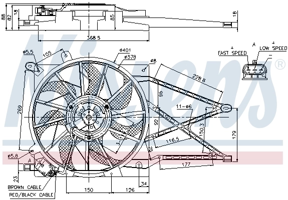 Difusor do radiador de esfriamento, montado com motor e roda de aletas Nissens 85185