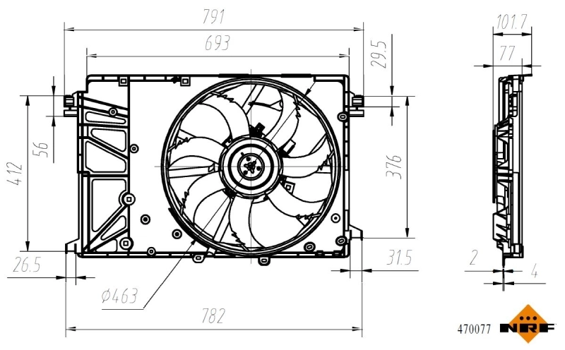 Difusor do radiador de esfriamento, montado com motor e roda de aletas 470077 NRF