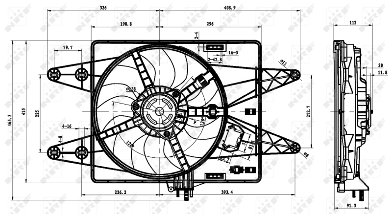 47430 NRF Difusor do radiador de esfriamento, montado com motor e roda de aletas