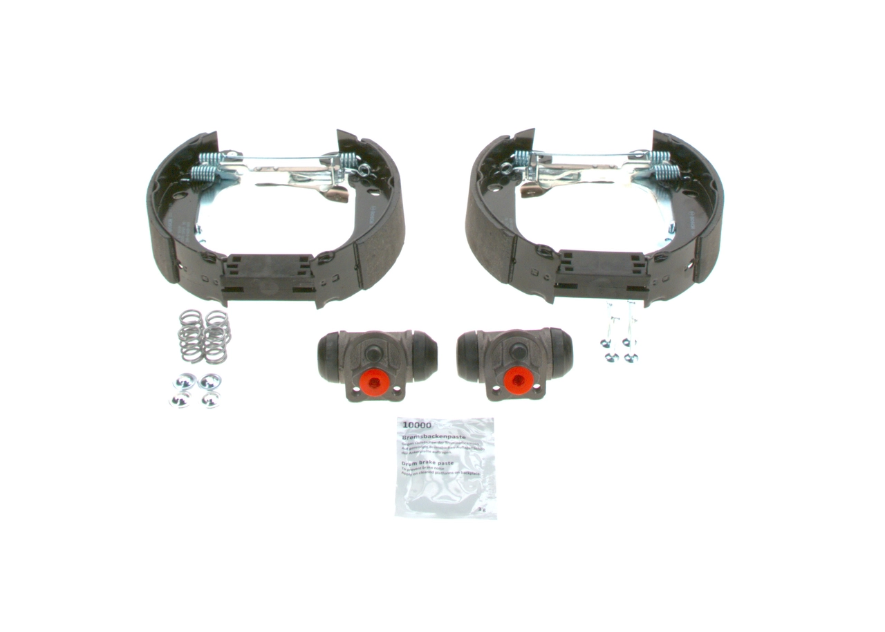 0204114073 Bosch Sapatas do freio traseiras de tambor, montadas com cilindros, kit