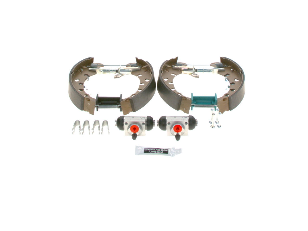 0204114668 Bosch Sapatas do freio traseiras de tambor, montadas com cilindros, kit