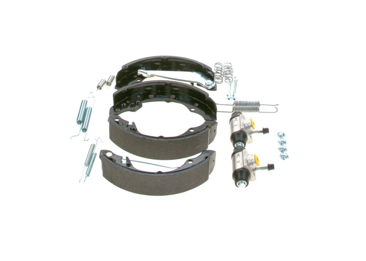 0204113591 Bosch Sapatas do freio traseiras de tambor, montadas com cilindros, kit