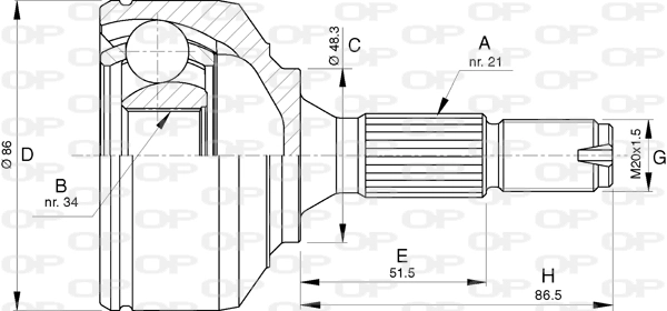 Junta homocinética externa dianteira para Citroen C3 2R, 2C