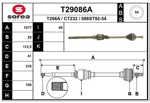 Semieixo (acionador) dianteiro direito Polcar T29086A preço, a partir de 121,09 USD