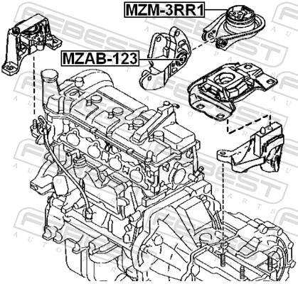 MZAB123 Febest Bloco silencioso de suporte de coxim traseiro de motor