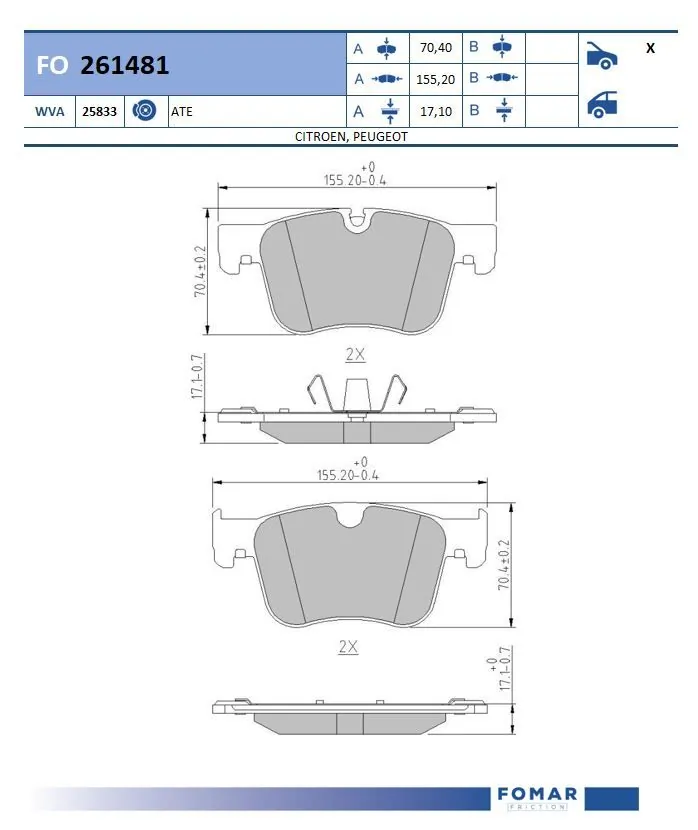 1609898580 Peugeot/Citroen Sapatas do freio dianteiras de disco