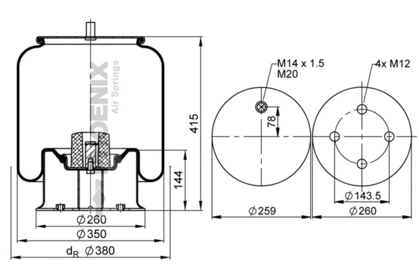 Coxim pneumático (suspensão de lâminas pneumática) do eixo traseiro RML70081C Blacktech
