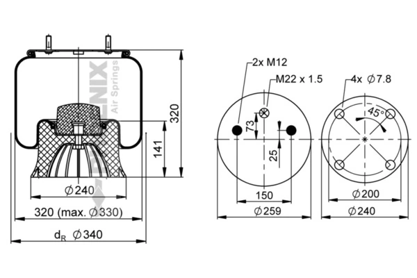 Coxim pneumático (suspensão de lâminas pneumática) do eixo RML75133CP3 Blacktech