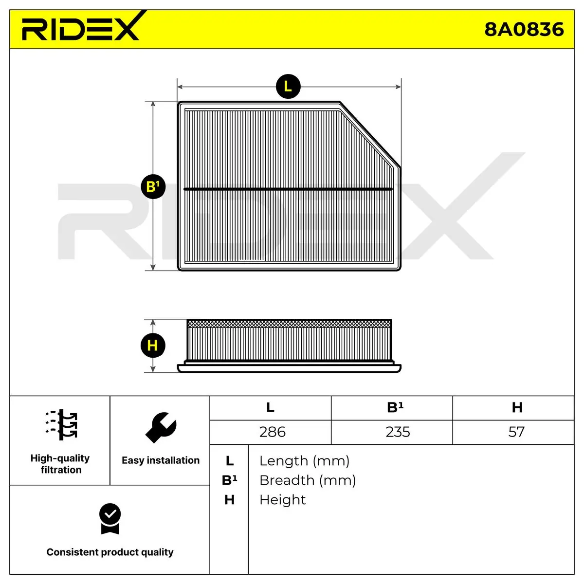 Filtro de ar 8A0836 Ridex