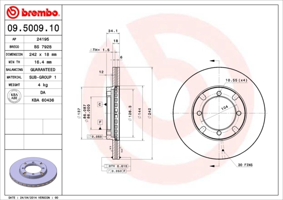 Disco do freio dianteiro Mitsubishi Lancer 3 C1A,C6A