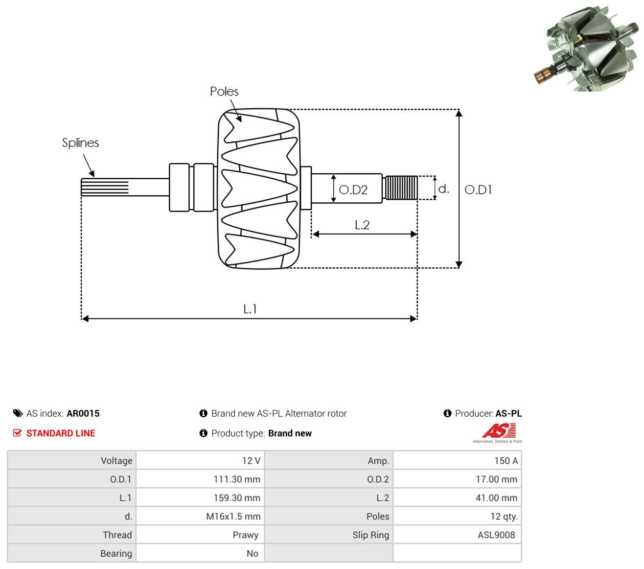 Induzido (rotor) do gerador Mitsubishi Lancer X CY_A, CZ_A