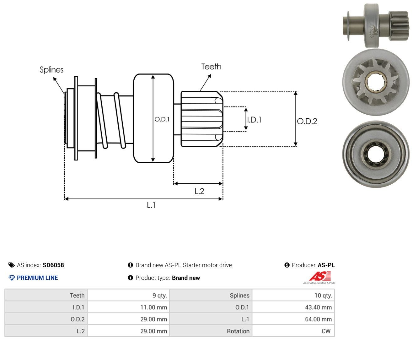 Roda-livre do motor de arranco SD6058 As-pl