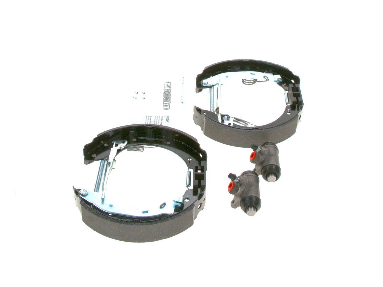 0204114556 Bosch Sapatas do freio traseiras de tambor, montadas com cilindros, kit