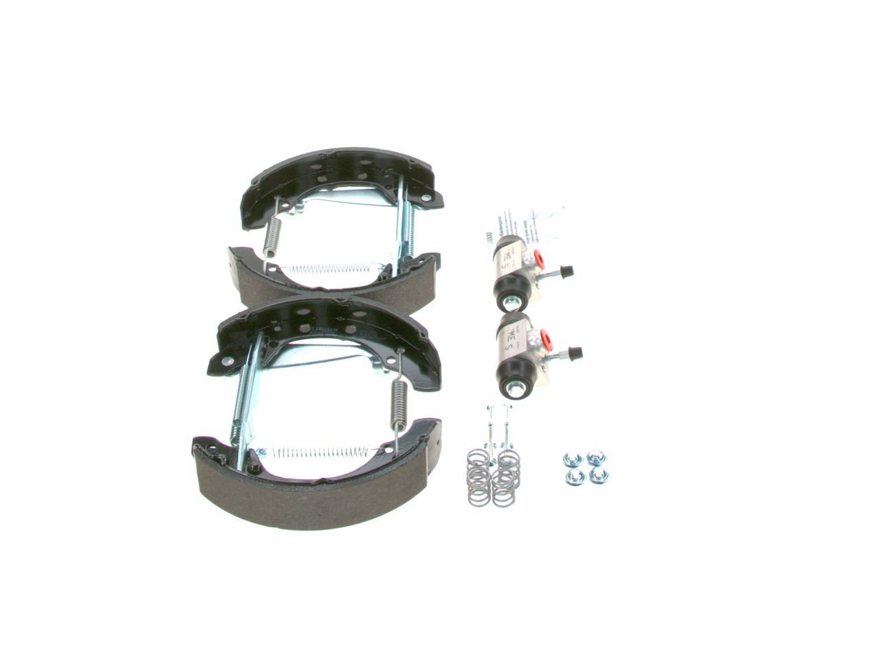 0204114579 Bosch Sapatas do freio traseiras de tambor, montadas com cilindros, kit