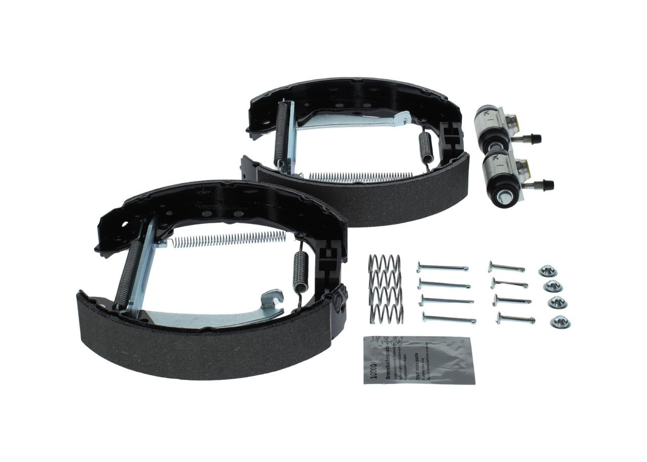 0204114634 Bosch Sapatas do freio traseiras de tambor, montadas com cilindros, kit