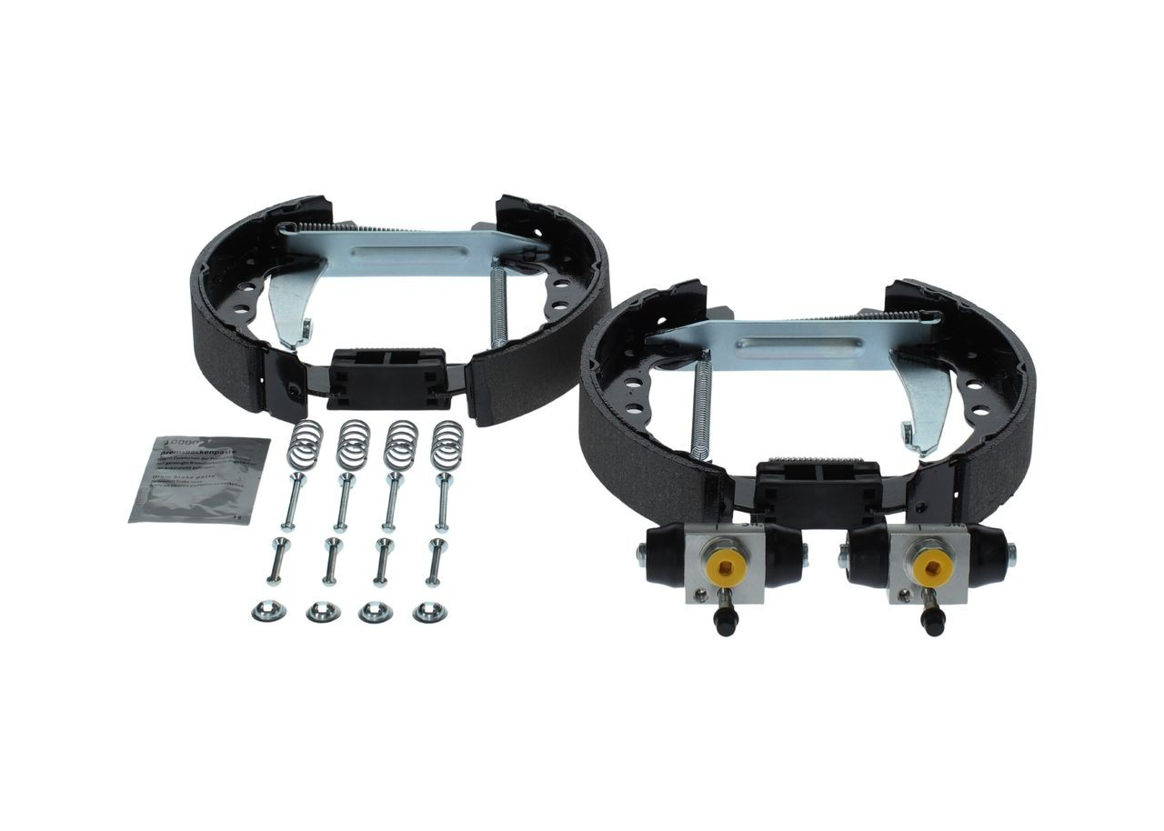 Sapatas do freio traseiras de tambor, montadas com cilindros, kit Bosch 0204114634