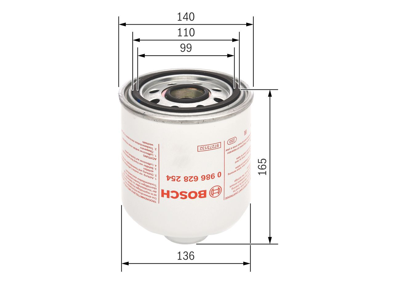 Filtro de secador de ar (separador de umidade e óleo) (TRUCK) 0986628254 Bosch