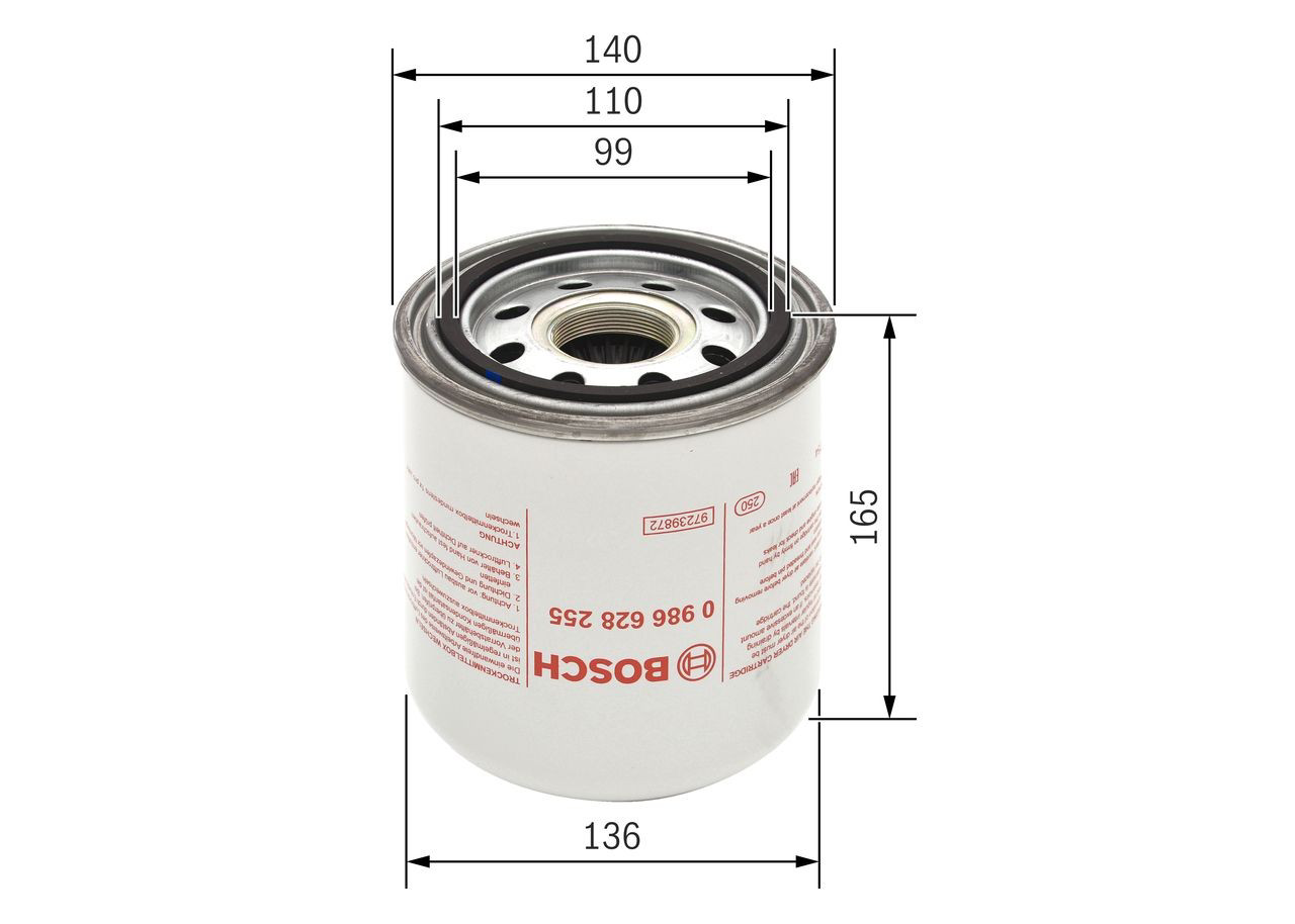 Filtro de secador de ar (separador de umidade e óleo) (TRUCK) 0986628255 Bosch
