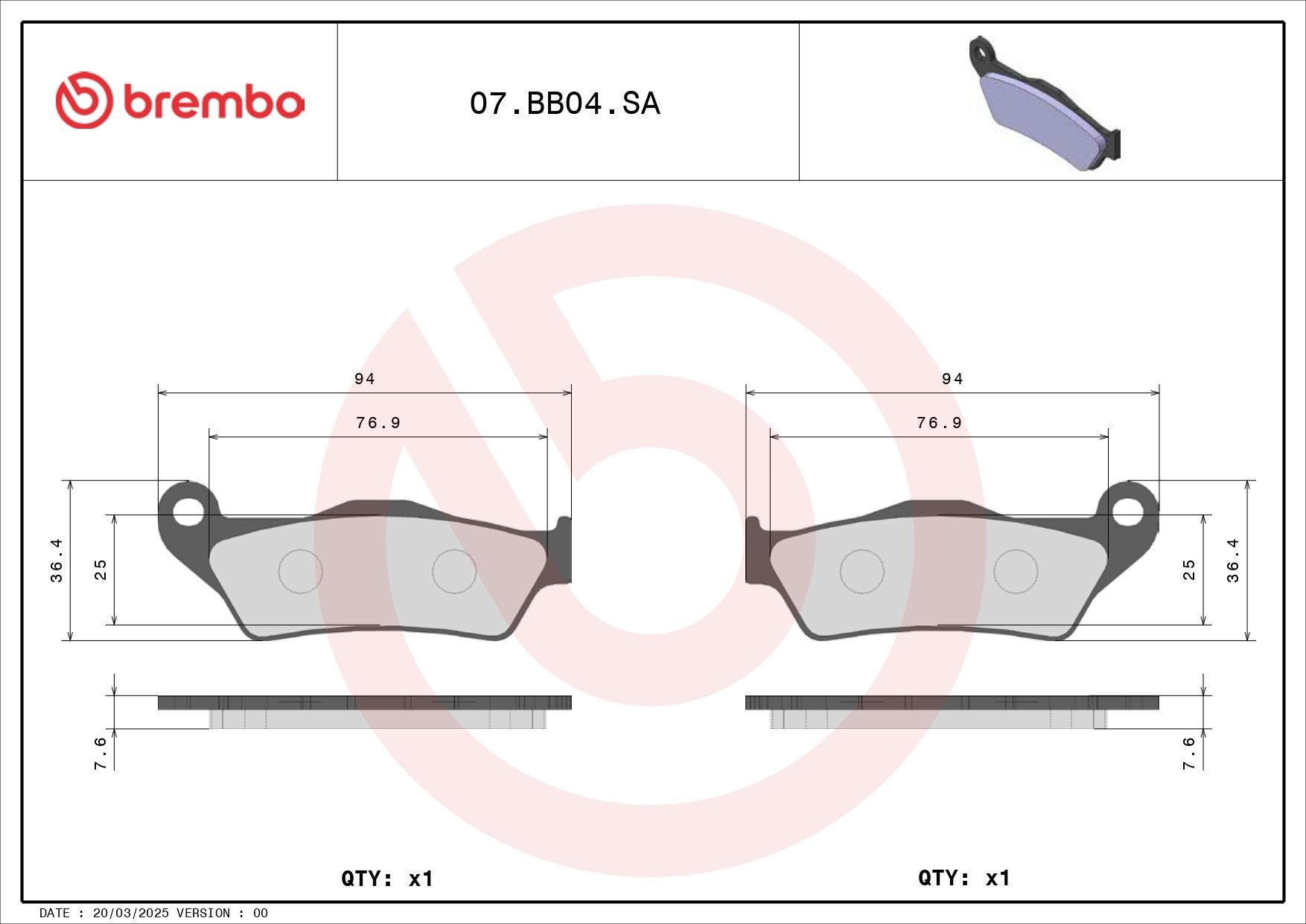 07BB04SA Brembo Sapatas do freio traseiras de disco