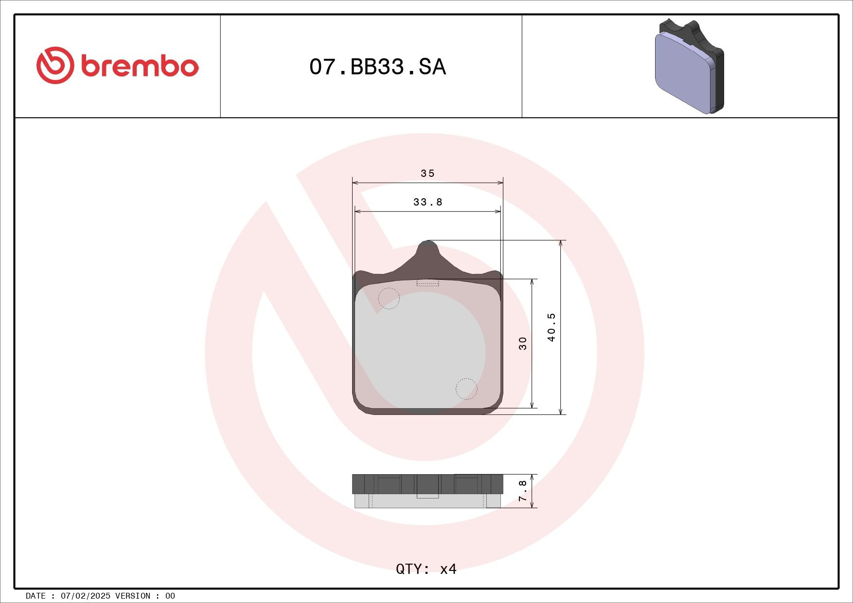 07BB33SA Brembo Sapatas do freio dianteiras de disco