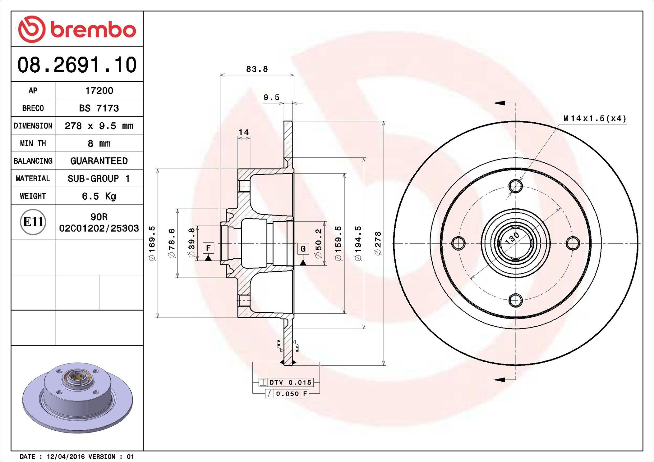 Disco do freio dianteiro Brembo 08269110 preço, a partir de 69,87 USD