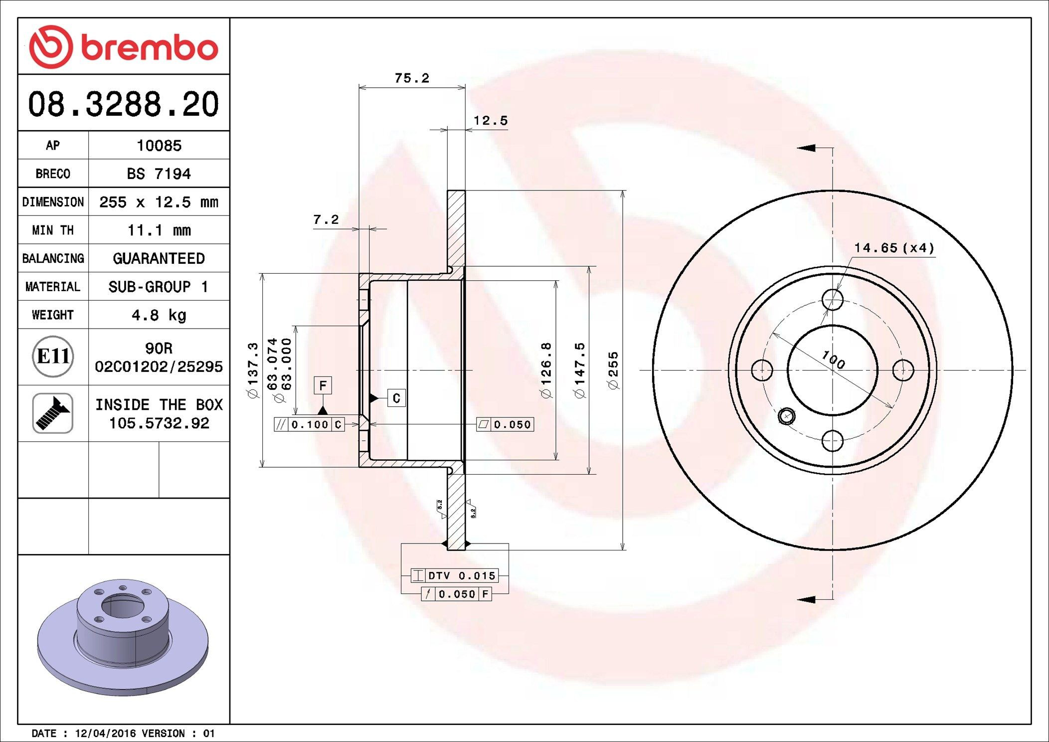Disco do freio dianteiro Brembo 08328820 preço, a partir de 55,64 USD