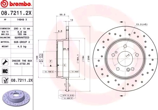 Disco do freio traseiro 0872112X Brembo