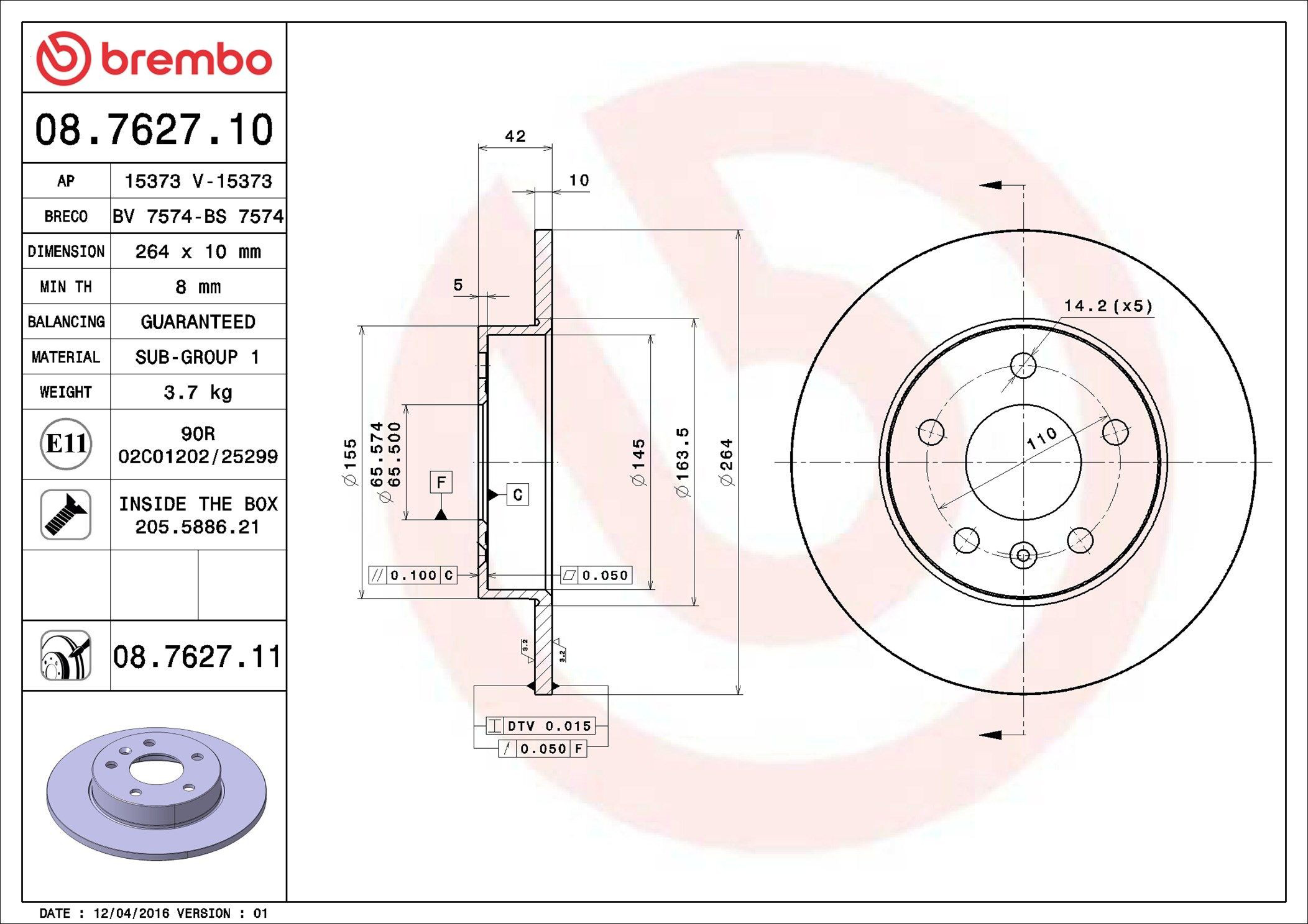 Disco do freio traseiro Brembo 08762711