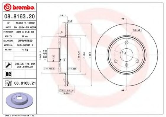 Disco do freio dianteiro 08816321 Brembo