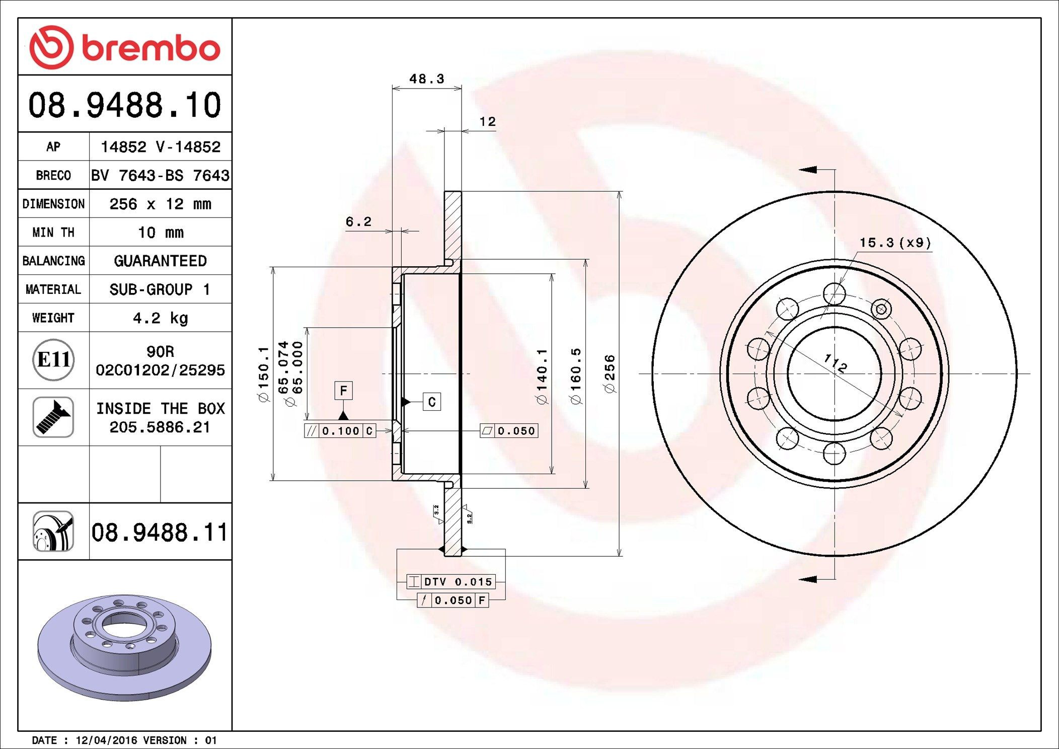 Disco do freio traseiro 08948811 Brembo
