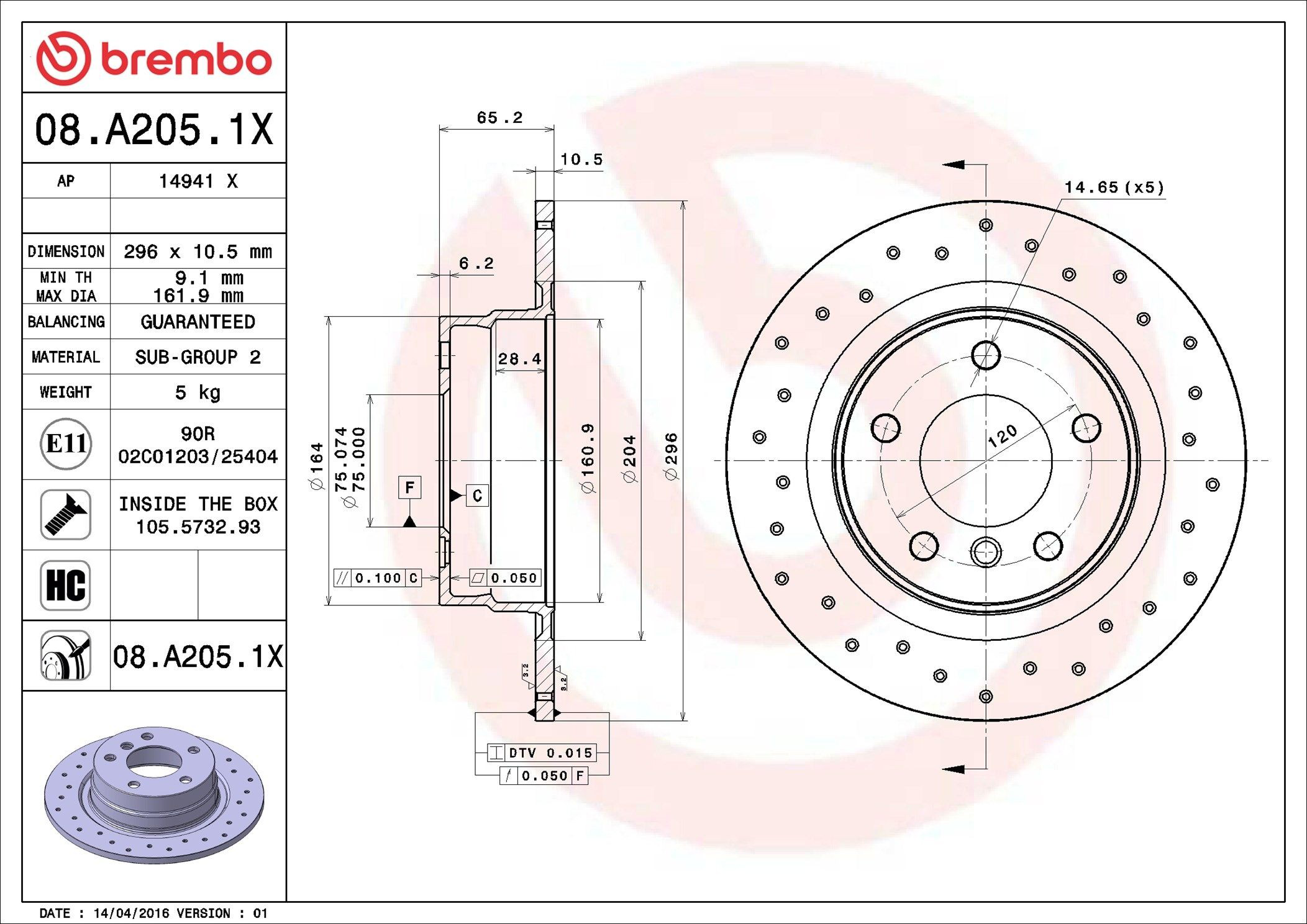 Disco do freio traseiro Brembo 08A2051X preço, a partir de 35,90 USD