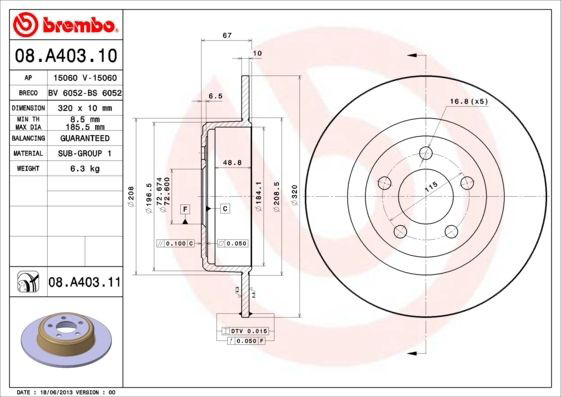 Disco do freio dianteiro 08A40311 Brembo