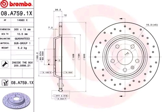 Disco do freio traseiro Brembo 08A7591X preço, a partir de 48,45 USD