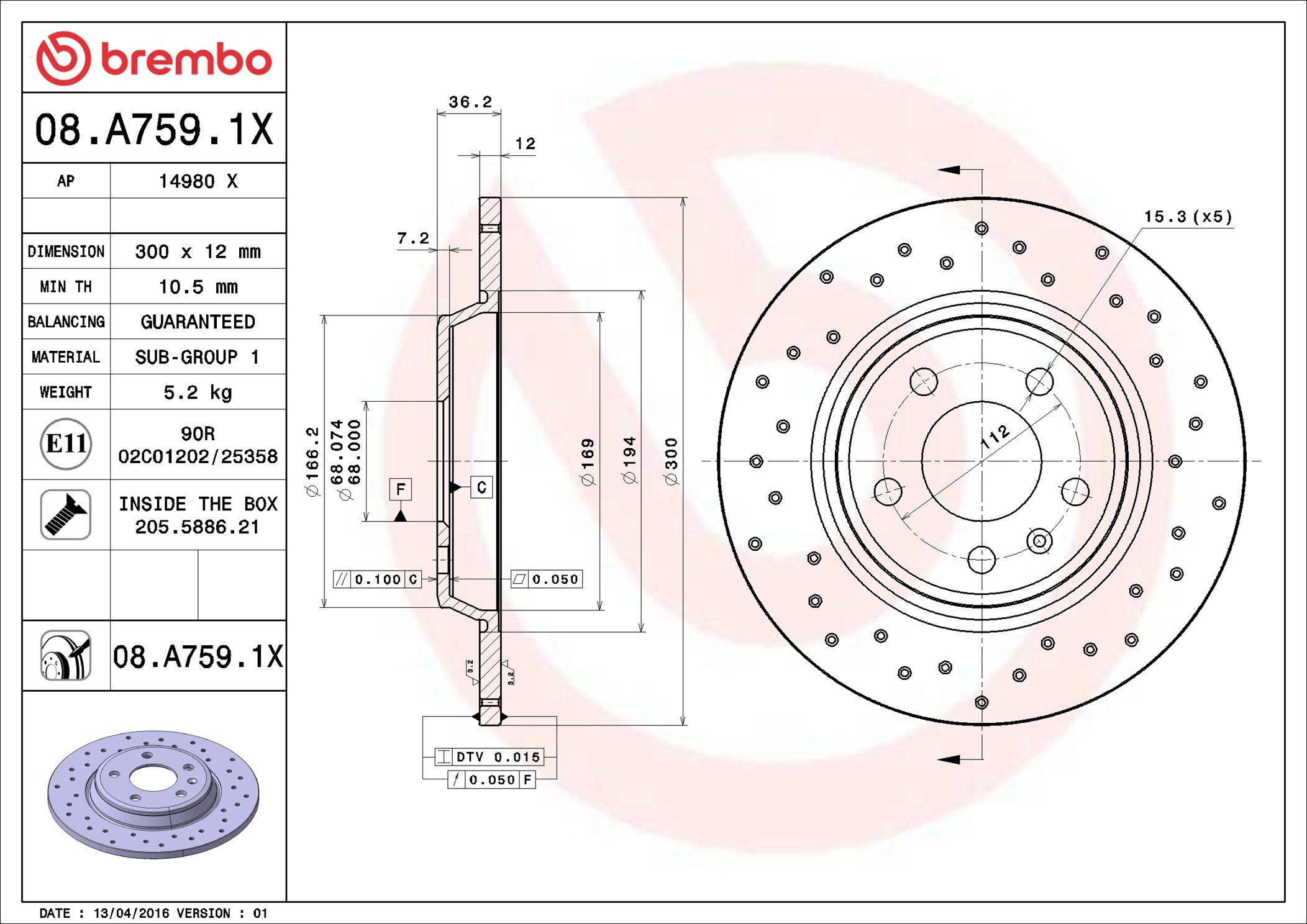 Disco do freio traseiro Brembo 08A7591X preço, a partir de 48,45 USD