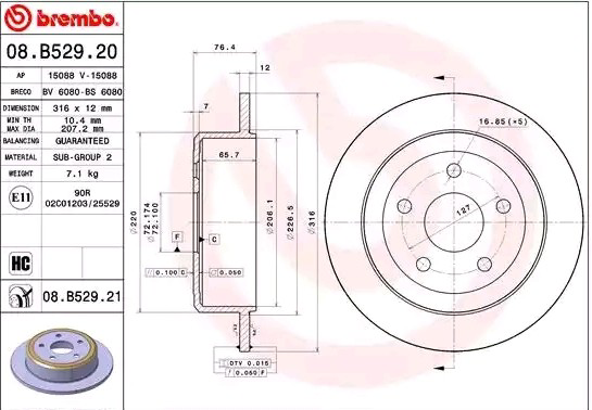 Disco do freio traseiro 08B52921 Brembo