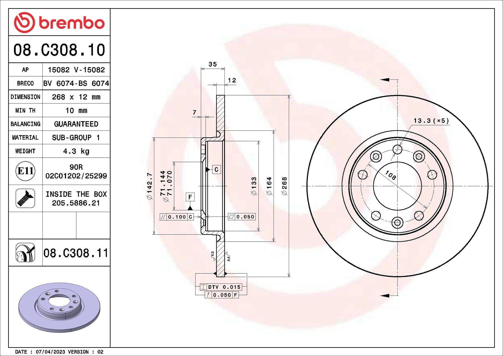 Disco do freio traseiro 08C30811 Brembo