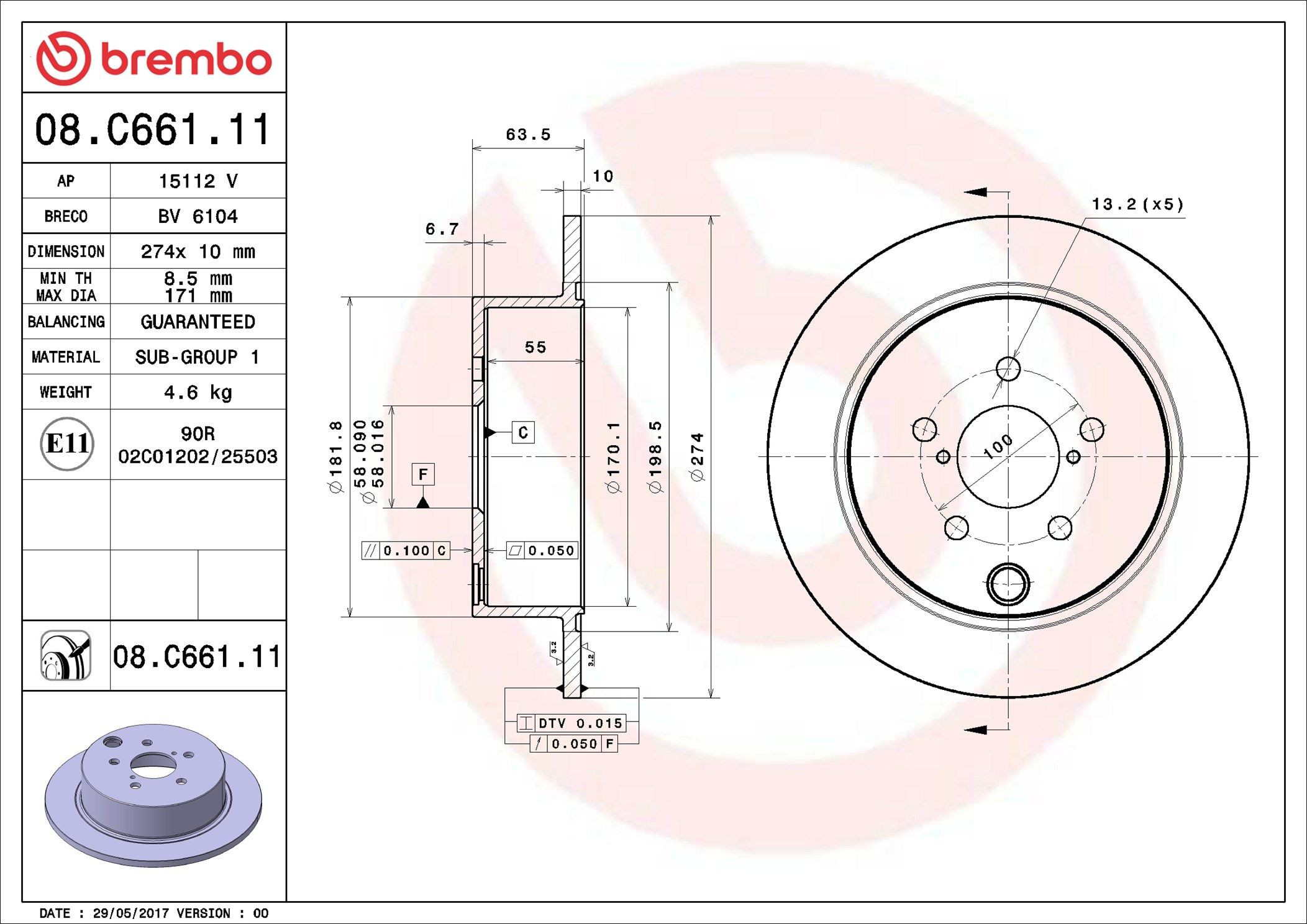 Disco do freio traseiro 08C66111 Brembo