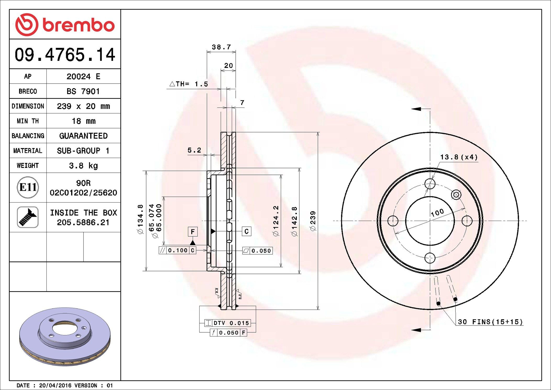 Disco do freio dianteiro 09476514 Brembo