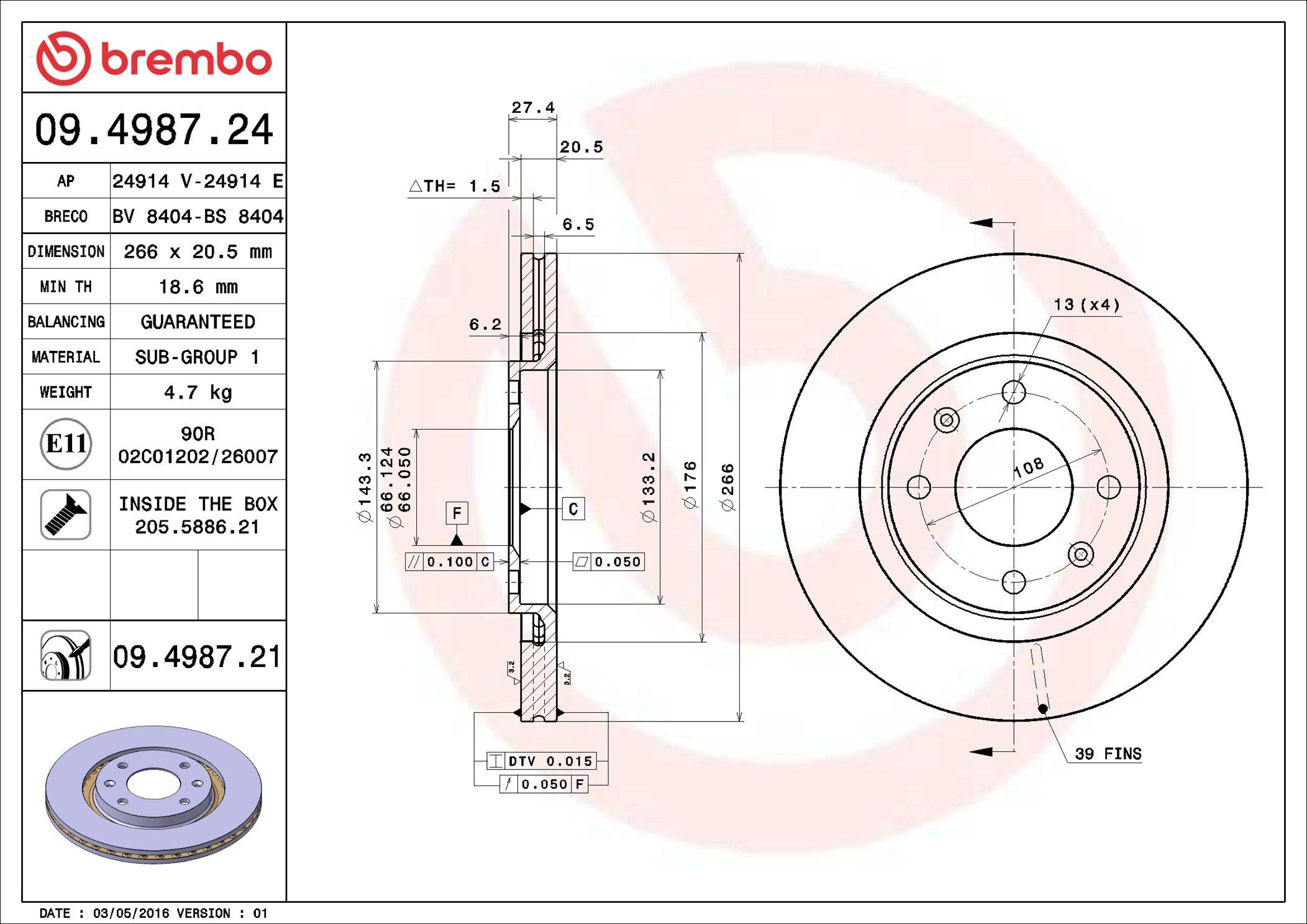 Disco do freio dianteiro Brembo 09498721 preço, a partir de 49,46 USD
