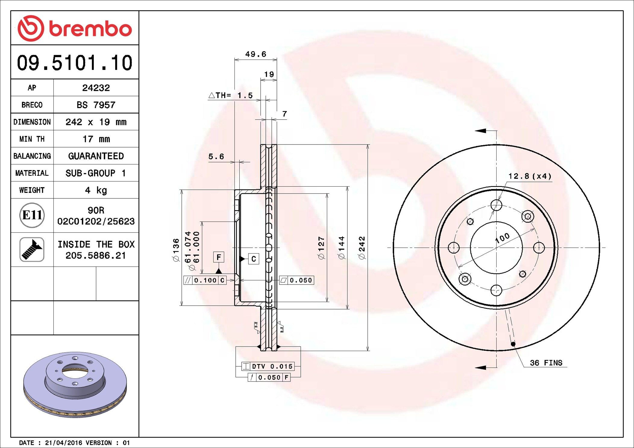 Disco do freio dianteiro Brembo 09510110 preço, a partir de 49,92 USD