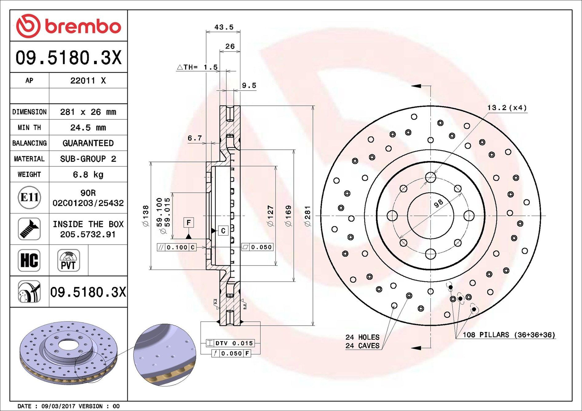 Disco do freio dianteiro Brembo 0951803X preço, a partir de 54,78 USD