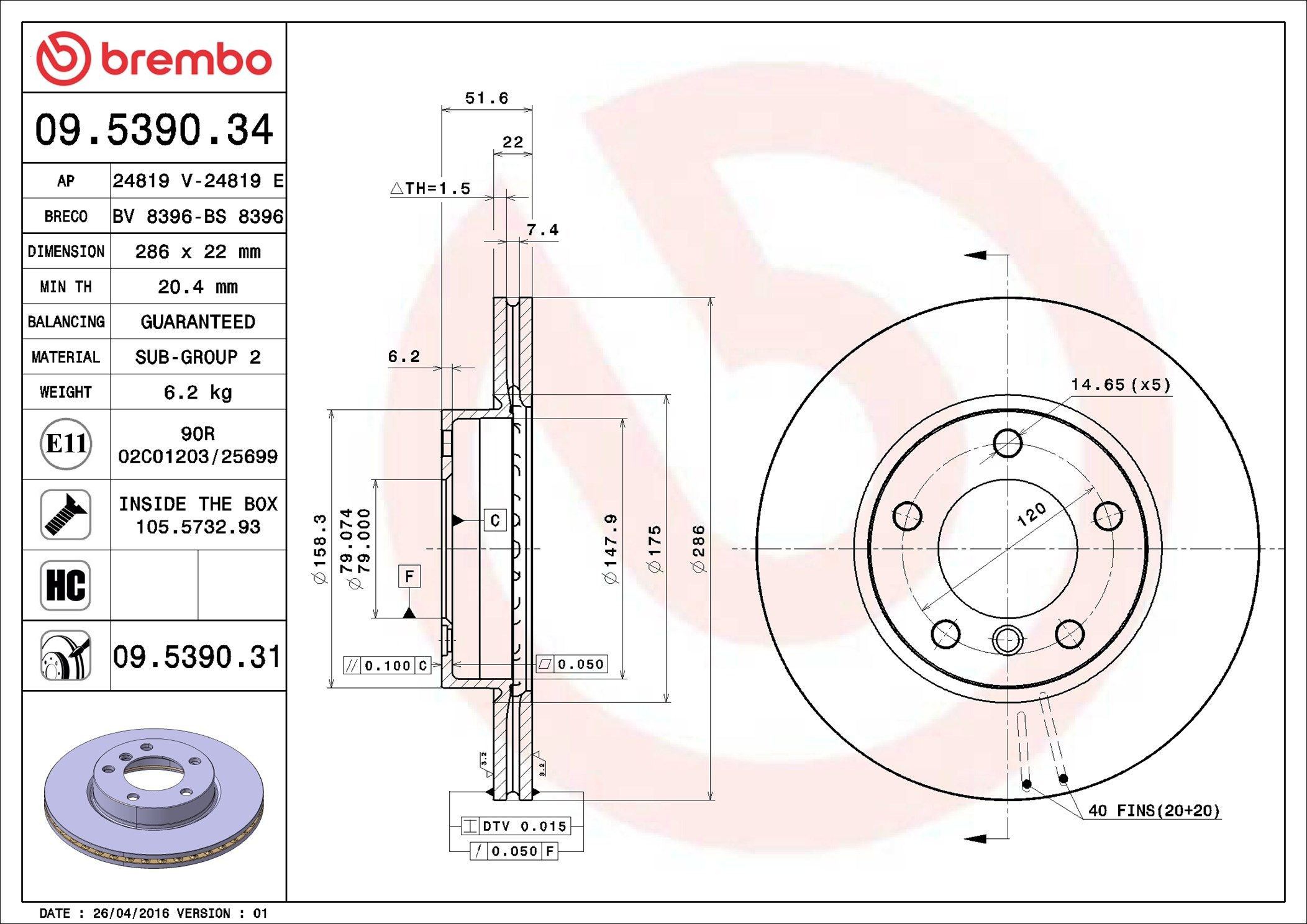 Disco do freio dianteiro Brembo 09539031 preço, a partir de 57,70 USD